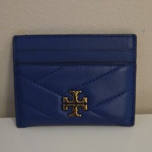 Tory Burch Quilted Leather Card Holder in Blue with Gold Logo